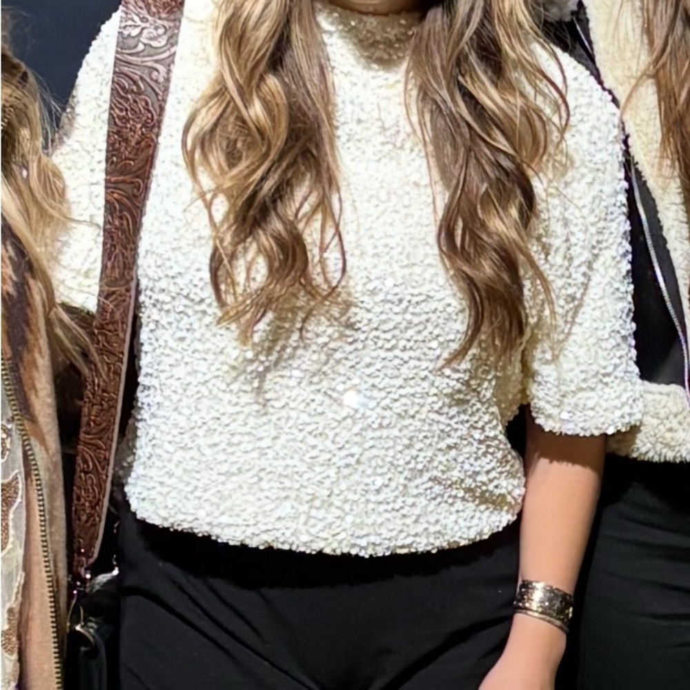 White Sequin Short Sleeve Top